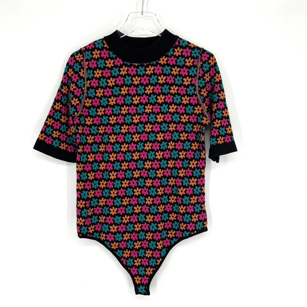 Free People Intimately Bodysuit Womens L Floral Retro Colorful 70s Knit Hippie‎